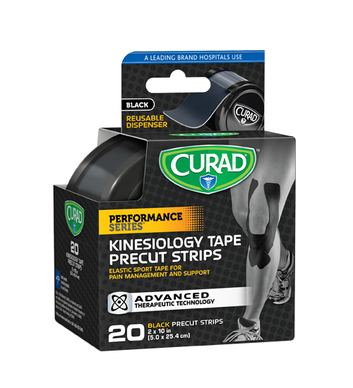 Performance Series Black Kinesiology Tape, 2″ x 10″ strips, 20 count Left Angle