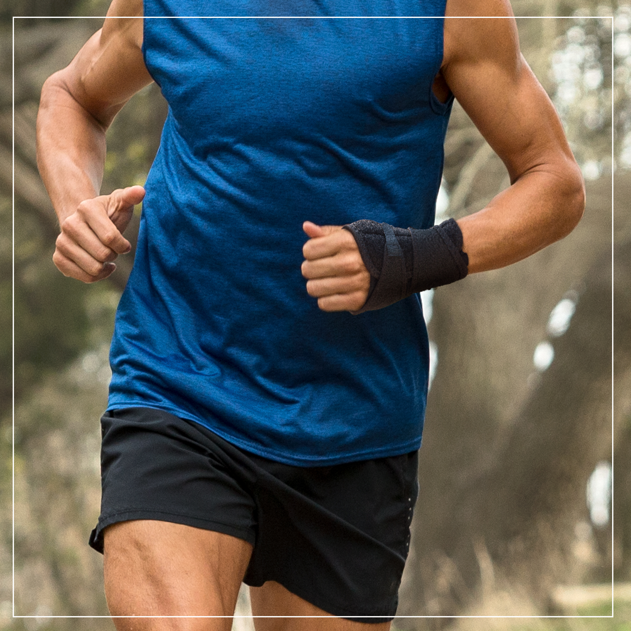 male athletic build running with brace