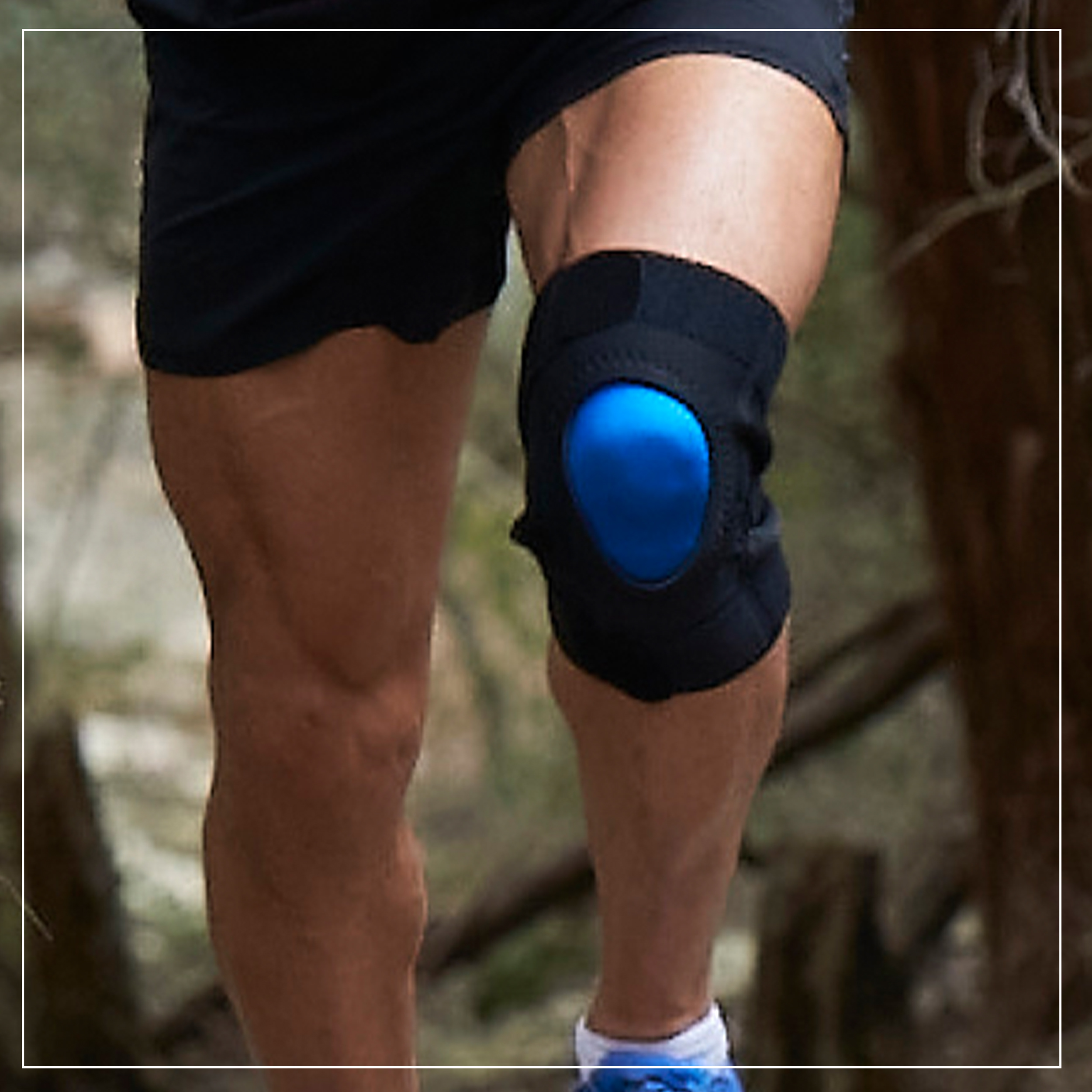 showcasing brace on a knee of a person that is running