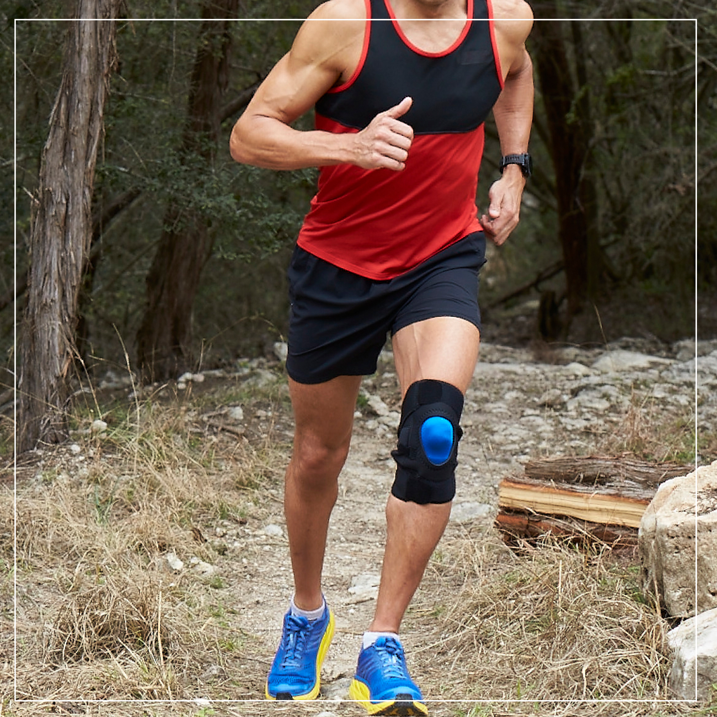 zoomed out image of another person running with the brace on their knee