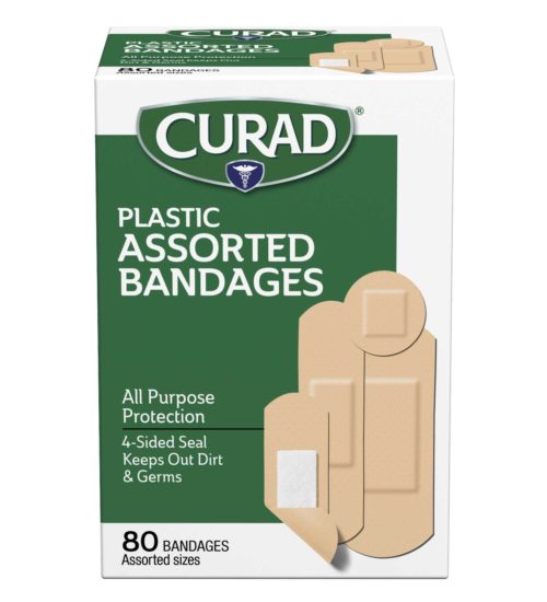 Plastic Bandages, Assorted Sizes, 80 count front side