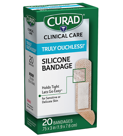 Image of Truly Ouchless! Silicone Strip Bandages, .75″ x 3″, 20 count right of packaging