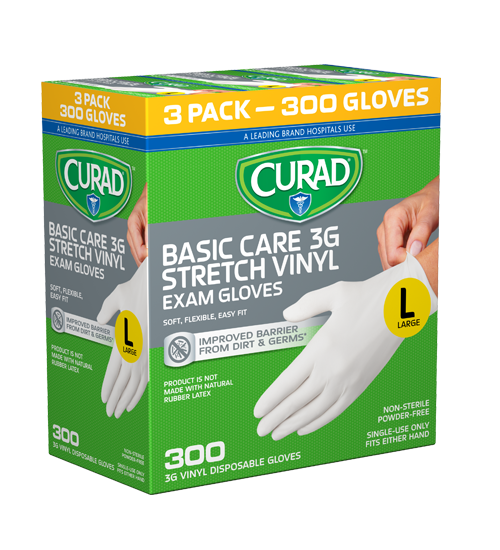 Image of Basic Care 3G Stretch Vinyl Exam Gloves – Large