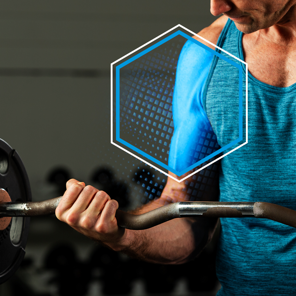 blue stoplight on bicep while lifting to showcase icy/hot