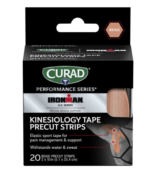 CURAD Performance Series IRONMAN Kinesiology Tape, Beige, 2″ x 10″ strips, 20 count front angle