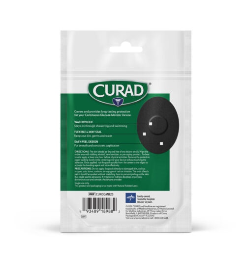 Rear packaging of Curad® Black CGM Patches (25-Count) | 3.13